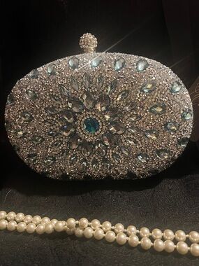 Crystal Embellished Silver and Blue Evening Clutch